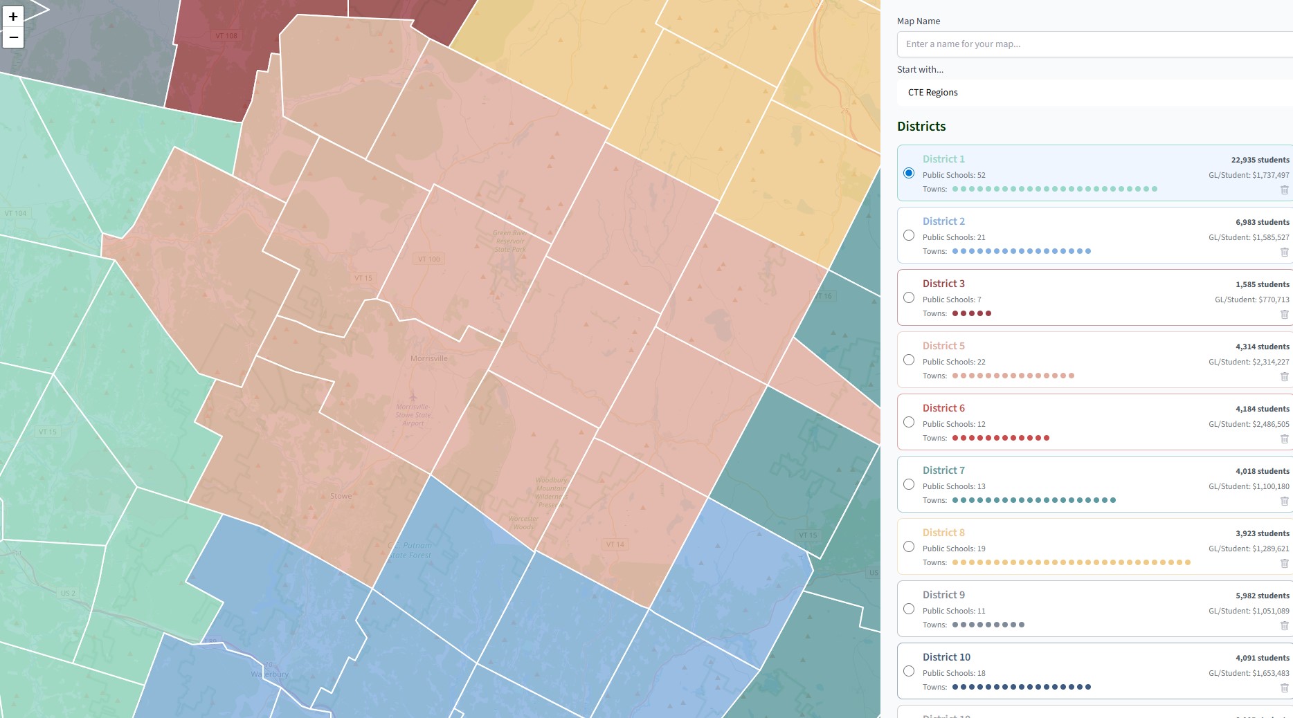 A map showing school districts in Vermont