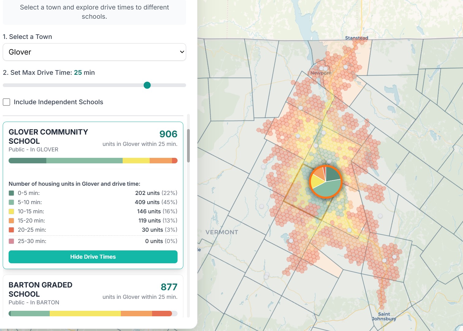 A map showing drive time isochrones around a school