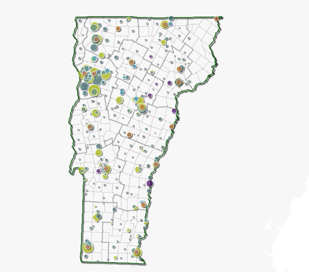 A map of Vermont with school locations highlighted