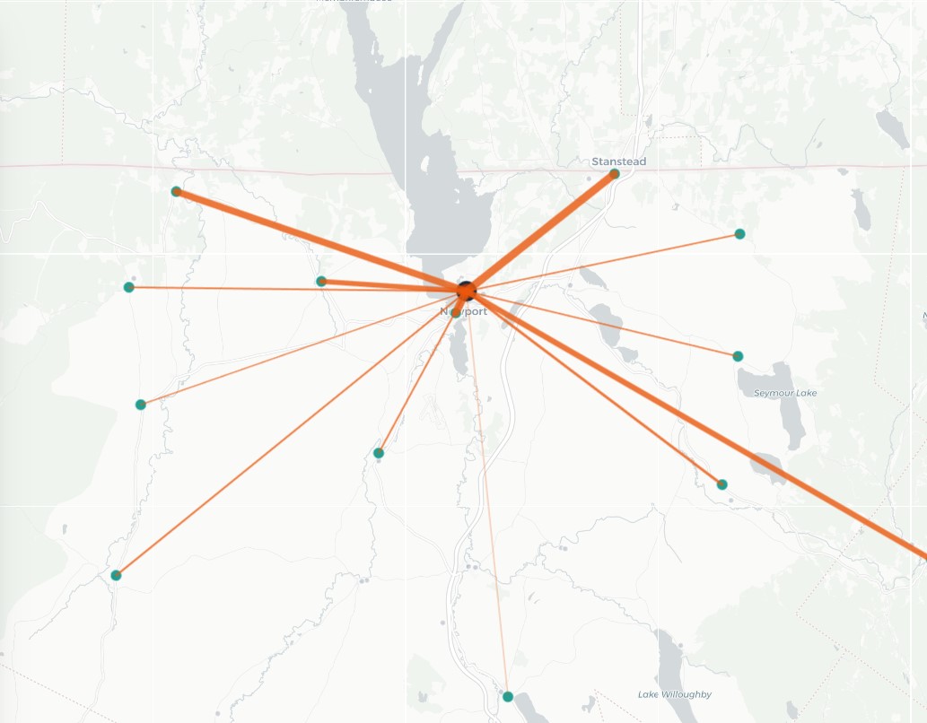 A map showing network flows between towns and schools